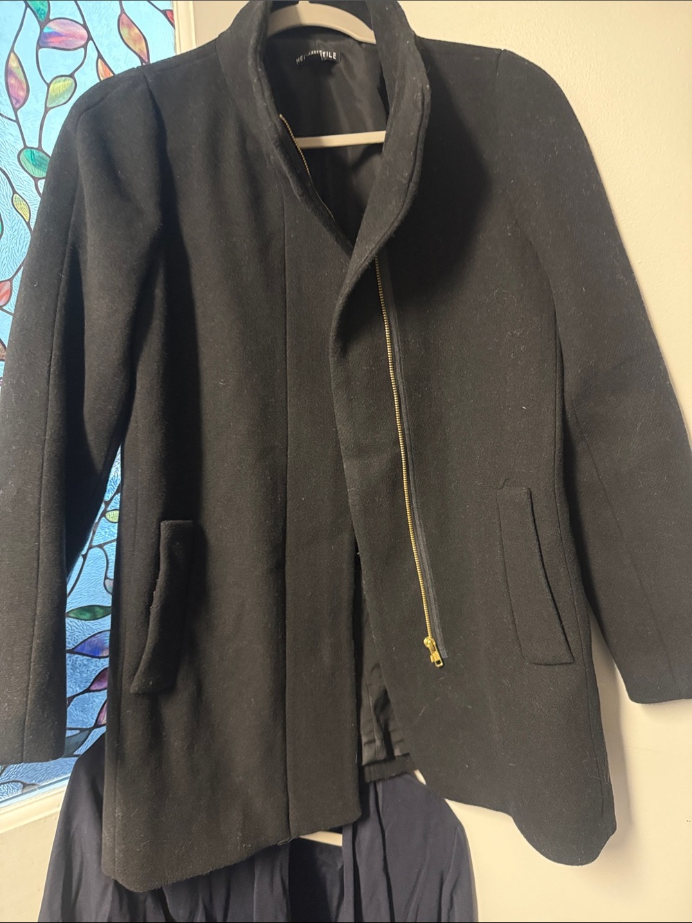 Wool Zip-Front Black Pea Coat with Gold Hardware